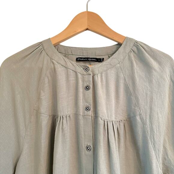 Gudrun Sjoden Linen Smock Top Sz Large  Sage Green Pockets SPOTS Lagen Artsy - Picture 2 of 6